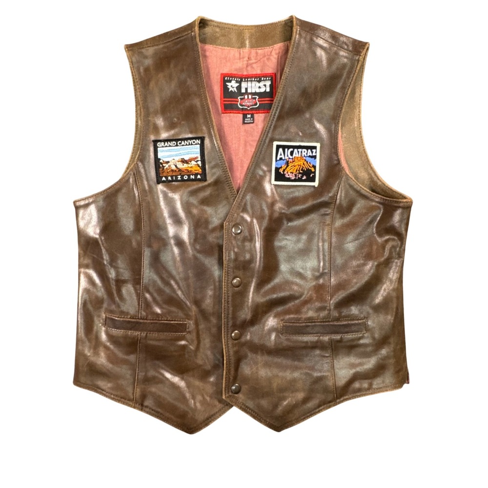 First Leather Apparel Brown‎ Leather Biker Vest Men's M Patch Motorcycle Style